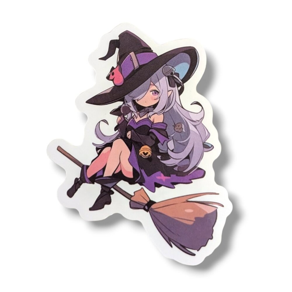 Spooky Halloween Vinyl Sticker (DD05): Anime Witch Flying on Broom, 2.25 in.
